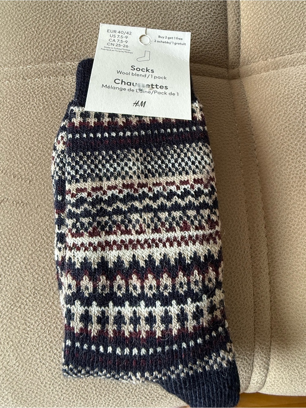 H&M Men's Fair Isle Wool-Blend Crew Socks - Navy, Cream & Burgundy